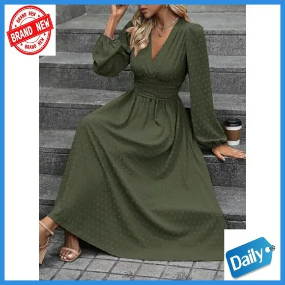 Swiss Dot Maxi Dress V-Neck Long Lantern Sleeves A-Line Flowy - Picture 5 of 8